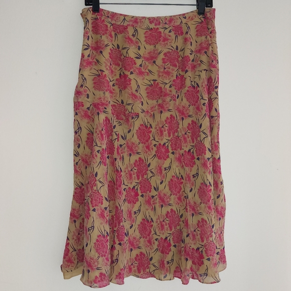 Sundance Silk Midi Skirt Floral Tan Pink Size 8 - Picture 4 of 9